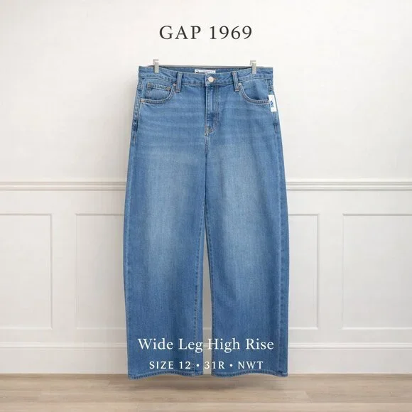 NWT GAP 1969 Wide Leg 5 Pocket Light Kylie High Rise Denim Blue Jeans Size 12 - Picture 1 of 8